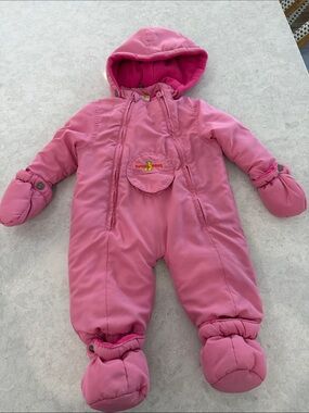 Pink Hooded Infant One-Piece Snowsuit with Mittens